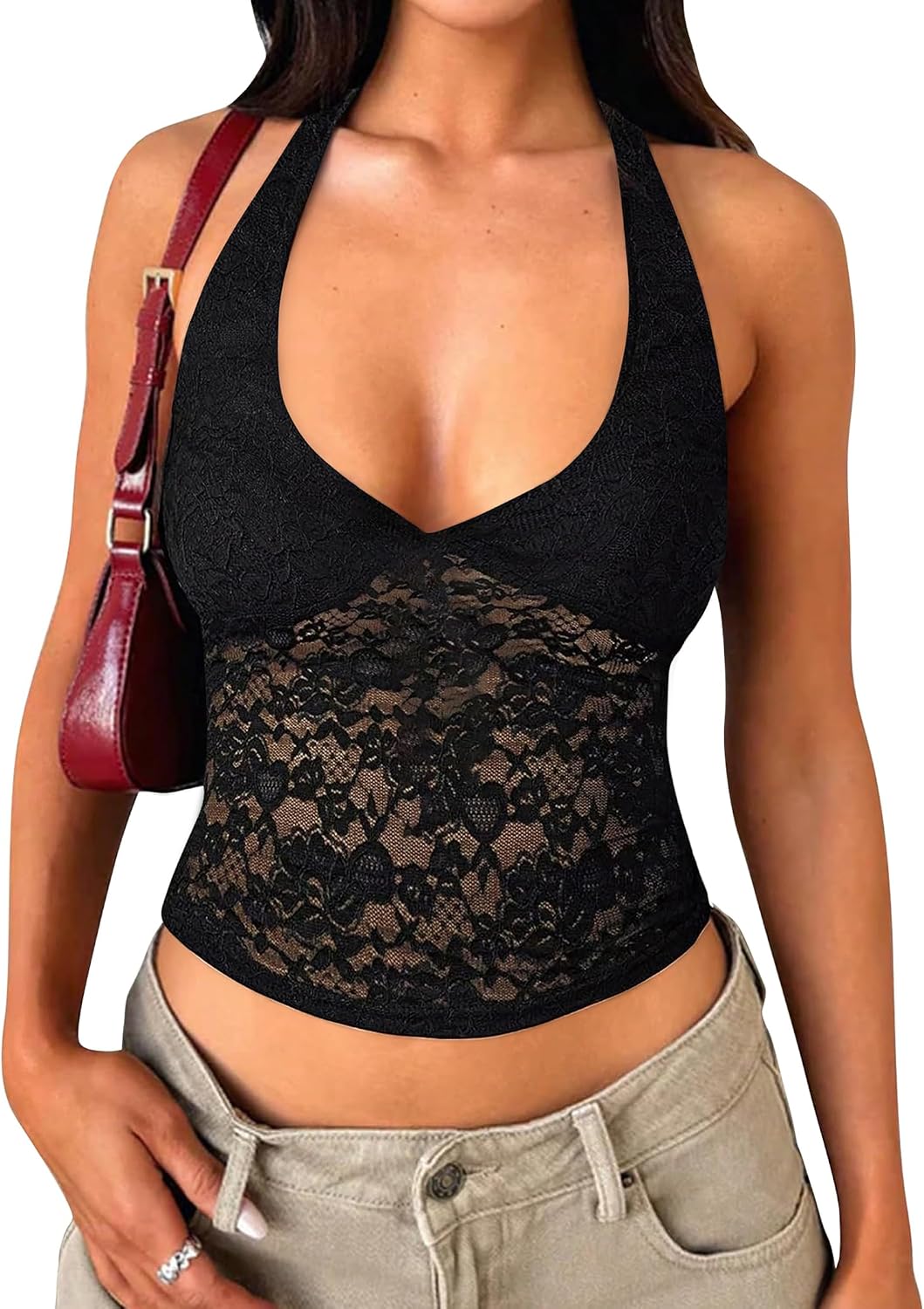 Lace Halter Crop Top — Black · sheer halter silhouette