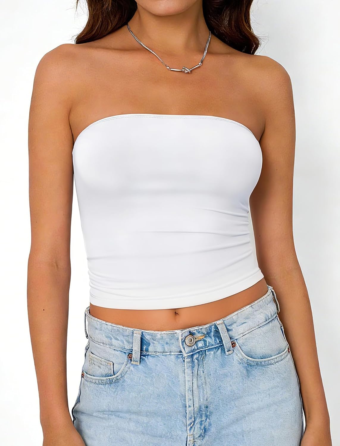 Strapless Bandeau Crop Top — White · clean strapless neckline